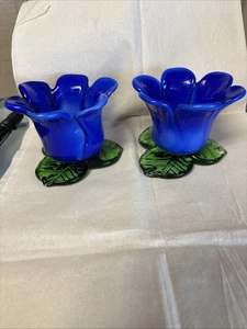 Hand Blown Art Glass Cobalt Blue Votive Candle Holder Set Of 2 - Picture 1 of 3