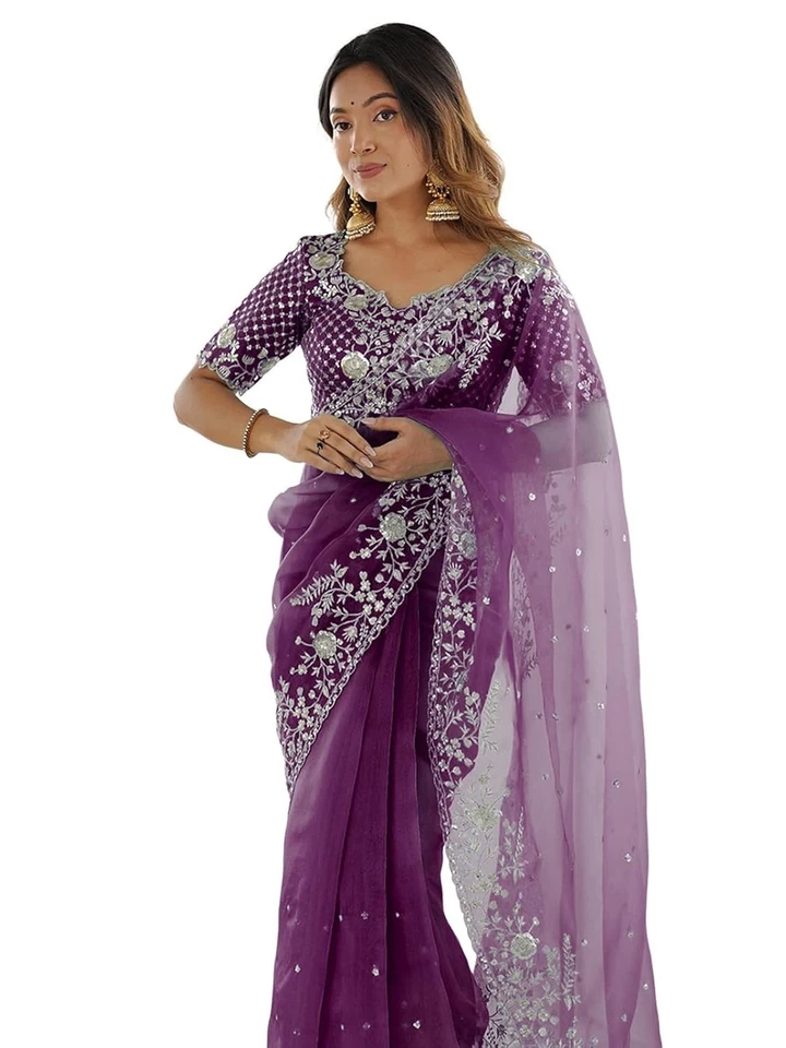 Sari bordado de lentejuelas de organza para mujer con pieza de blusa sin coser Foto 1 de 1