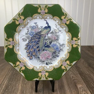 Porcelana Japonesa Octogonal Verde con Plato Borde Dorado Pavo Real Pájaro Japón - Imagen 1 de 8