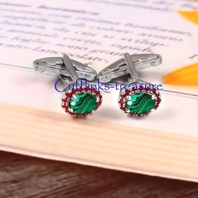 Запонки мужские из стерлингового серебра 925 пробы с натуральными малахитом и рубином #790 - Изображение 1 из 4