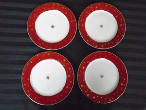 C-1154 Set of 4 Sakura 8 3/8" Galaxy White and Red Snack Plates with Starry Rims - Picture 1 of 4