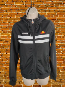 ELLESSE BLACK HOODIE SIZE UK 8 WOMENS WHITE STRIPE FULL ZIP UP JACKET JUMPER - Picture 1 of 5