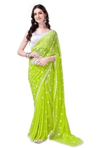 Women’s Georgette Saree with Unstitched Blouse Piece and Hand-Embroidered - Picture 1 of 5
