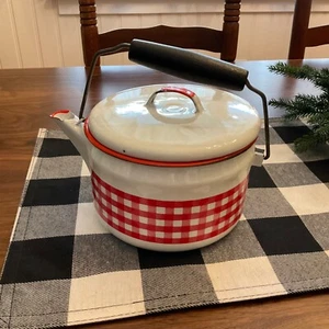 Vintage Emaillegeschirr rot weiß Gingham Karo Teekanne Wasserkocher SCHÖN!! Schwer zu finden.. - Bild 1 von 6