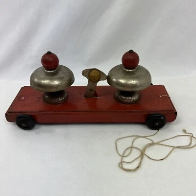 Винтажная игрушка на колесиках из прессованной стали - двойной колокол без струн Marx красная жестяная банка - Изображение 1 из 4