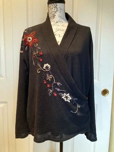 Coldwater Creek Black Embroidered Beaded V-neck Crossover Sweater Size XL - Picture 1 of 18