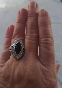 Beautiful Imitation Onyx Stone with Crystal Surrounding Silvertone Size 7 - Picture 1 of 3