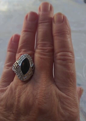 Beautiful Imitation Onyx Stone with Crystal Surrounding Silvertone Size 7 - Image 1 of 3