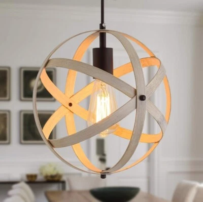Q&S Farmhouse Woodgrain Globe Cage Modern Industrial Metal Pendant Light - Image 1 of 4