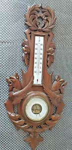 32" Antique Wall Wood Carved Black Forest Dragon Griffon Barometer Thermometer - Picture 1 of 5