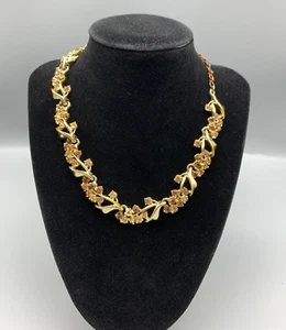 Gorgeous Vintage BSK Gold Tone Floral Choker Necklace with Amber Rhinestones - Picture 1 of 6
