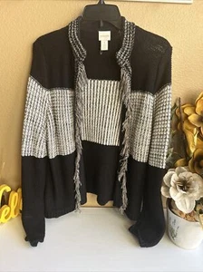 Chicos Cardigan Sweater. Blocked Pattern Arlene Fringe -size 1 Black White Tan - Picture 1 of 11