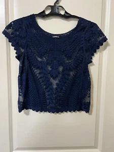 Express Women's XS Lace Top Navy Blue Short Sleeve Embroidered Mesh Sheer - Picture 1 of 3