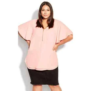 Avenue Women's Plus Top Melina Flutter Sleeves Zip 3/4 V-neck Blush SIZE 26/28 - Picture 1 of 5