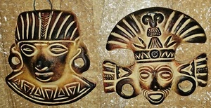 2 SELTENE Terrakotta Ton aztekische Maya mexikanische Wand hängende Gesichtsmaske 7 Zoll x 6 Zoll - Bild 1 von 13