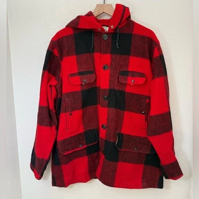 Vintage Johnson Woolen Mills Buffalo Wool Plaid Hunting Coat Size 44 Red Hooded - Image 1 of 4