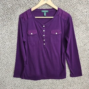 Lauren Ralph Lauren Top Womens Large Purple Vintage Popover Tee Pockets Casual - Picture 1 of 7