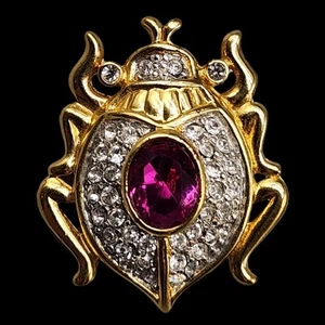 Vtg Bug Brooch Magenta Beetle Dark Pink Rhinestone Gold Tone Ladybug Pave Pin - Picture 1 of 7