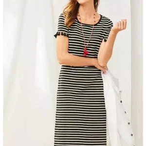 Talbots Cotton Dress Tassel Short Sleeve Knee Length Black & White Striped Small - Picture 1 of 14