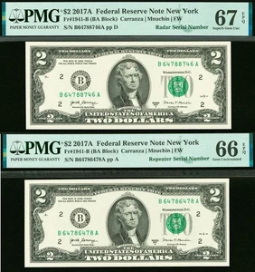 2017A $2 FRN PMG 67EPQ 66EPQ - Matching Radar Repeater Serial Numbers 64788746 - Picture 1 of 5
