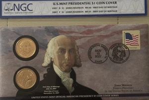 2007 P&D James Madison Presidential Dollar Coin Cover NGC MS65/MS66 FDOI - Picture 1 of 2