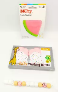 Nuby 100% Silicone Watermelon Fruit Teether Baby Teething Mittens, Pacifier Clip - Picture 1 of 9