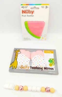 Nuby 100% Silicone Watermelon Fruit Teether Baby Teething Mittens, Pacifier Clip - Image 1 of 4