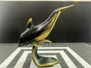 Statuina scultura delfino vintage blu scuro verde ottone color mondo marino - Foto 1 di 18