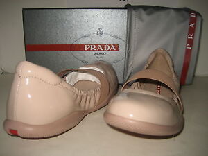 $390 NEW PRADA Women US 9.5 Nude Patent Leather Ballet Flats Slip On Shoes BOX