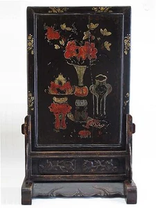 A Chinese Antique Wood Table Scree Plaque With Flower Vase Pattern Painting - Picture 1 of 1