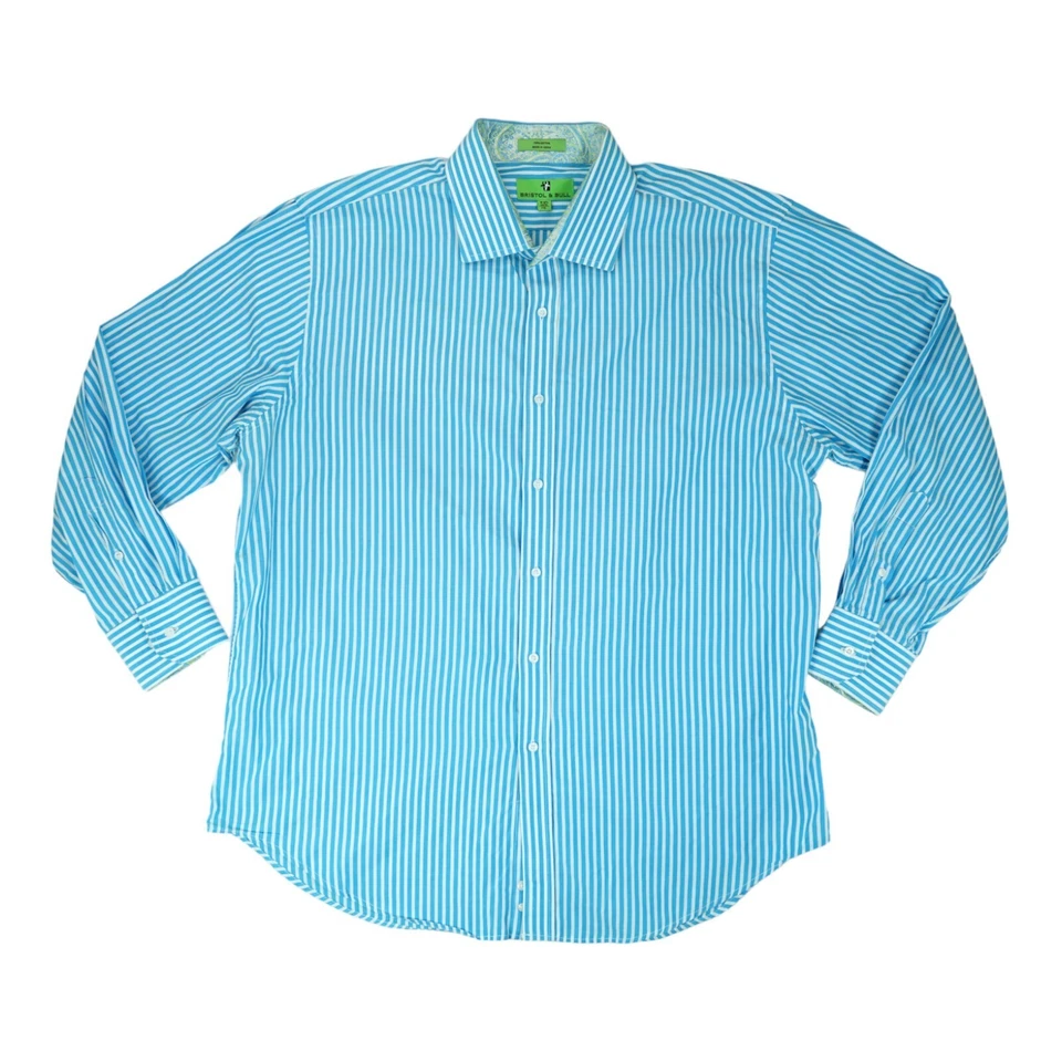 Camisa Bristol & Bull Para Hombre 2XL 18-18.5 - 34/35 Manga Larga Abotonada Rayas Azules Foto 1 de 4