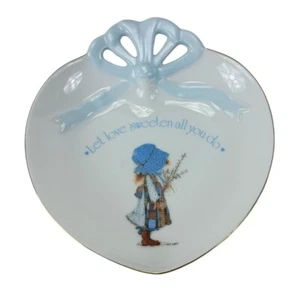 Holly Hobbie Blue Girl Heart Porcelain Trinket Dish Plate Vintage - Picture 1 of 4
