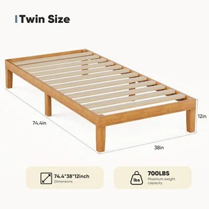 Twin Full Queen King Wood Bed Frame 12in Wooden Platform Bed with Support Slats - Picture 1 of 19