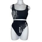 Womens Flag Swimsuit Size Medium 2pc Black Sports Bra Top Hi Cut Brief Bottom