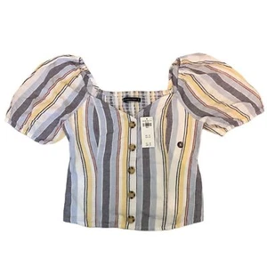 Abercrombie & Fitch Striped Smocked Top Linen Small Blue White Puff Sleeves - Bild 1 von 9