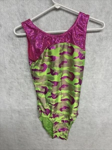 Lizatards Gymnastic Leotard Small Adult Lime Green/Pink - Picture 1 of 12