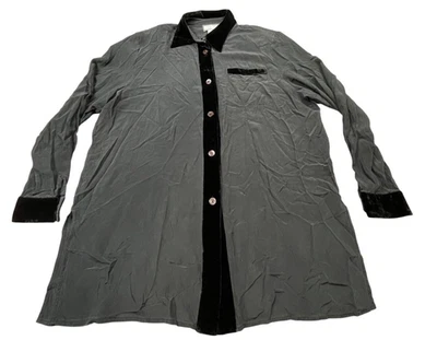 Blusa Diane Gilman Mujer Grande Negra Seda Terciopelo Borde Abotonada Top Elegante Y2K Foto 1 de 4