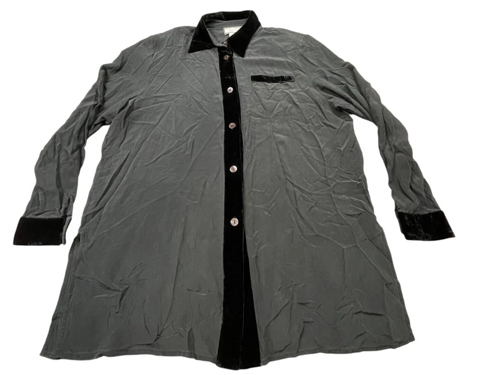 Diane Gilman Blouse Women Large Black Silk Velvet Trim Button Up Top Elegant Y2K - Image 1 of 4