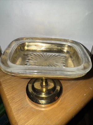 Vintage Brass and Glass Pedestal Soap Dish Holder 5x3.5 Inch Art Deco Style - Image 1 of 4