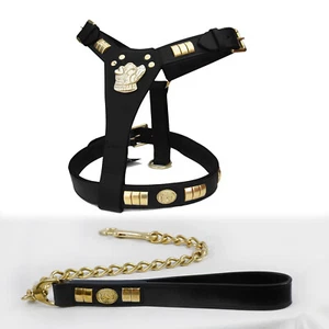 LEATHER DOG HARNESS (DOG MOTIFF) & CHAIN LEAD COMBINE SET, ALL BRASS FITTINGS - Picture 1 of 12