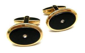 Classic Vintage Foster Cuff Links Gold Tone 70s Faux Onyx Rhinestone - Picture 1 of 3