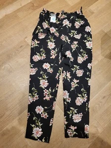 Primark Black Floral Trousers Elasticated Waist - Size 10 - Picture 1 of 4