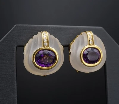 Pendientes de diamantes de cristal de roca tallado amatista oro amarillo de 18 k Estate EG2682 Foto 1 de 4