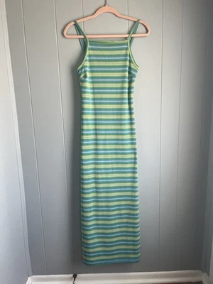 Maxi Vestido De Colección Rayas Y2K Años 90 Verde,Azul,Púrpura Elástico Pierna Abertura Talla M La belle Foto 1 de 4