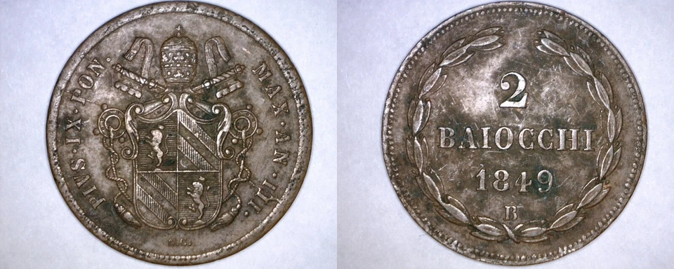 1849-IIIB Italian States Papal States 2 Baiocchi World Coin - Pius IX - Image 1 of 1