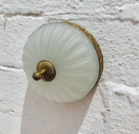 10" Antique Flush Mount Ceiling Light, Frosted Glass, Floral Embossed Bronze Rim Cover