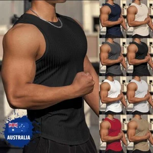 Mens Ribbed Sleeveless Slim Fit Tank Vest Tops Muscle Sport T-Shirt Tee 38-46 AU - Picture 1 of 15