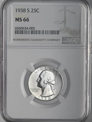 1938-S 25C WASHINGTON SILVER QUARTER NGC MS66 #6569634-005 GEM MINT STATE Cover