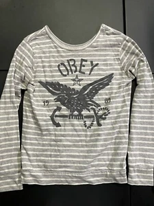 Obey Propaganda Sweater Womens Medium Stripped Raglan Sleeve Skater - Picture 1 of 7