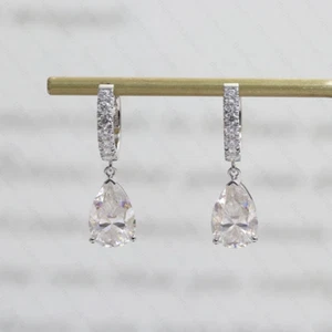 1.94 TCW Pear Cut Moissanite Hoop Dangle Women's Earring 14K White Gold Plated - Picture 1 of 8